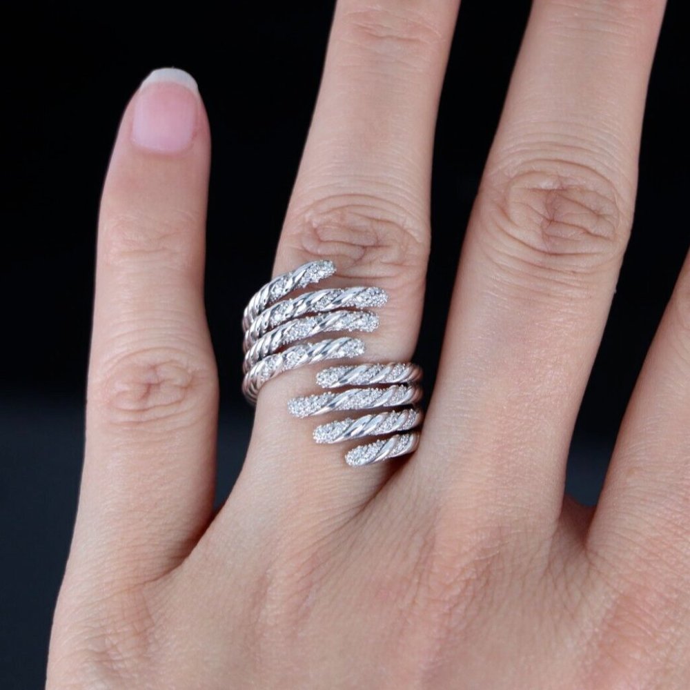 David Yurman Sterling Silver Pave Diamond 4 Row Willow Cocktail Ring Band 6 - Picture 2 of 7